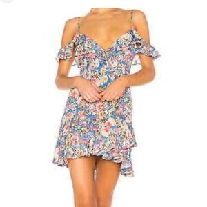 Majorelle Blue Faux Wrap Ruffle Floral Off Shoulder Salsa Dress